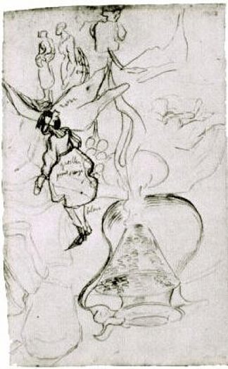 罐头，书籍，酒杯，面包和阿鲁姆两个女人和一个女孩的素描 Can, Books, Wineglass, Bread and Arum Sketch of Two Women and a Girl (1890; Auvers-sur-oise,France                     )，文森特·梵高