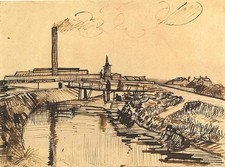 运河与桥梁和妇女洗涤 Canal with Bridge and Women Washing (1888; Arles,Bouches-du-Rhône,France  )，文森特·梵高