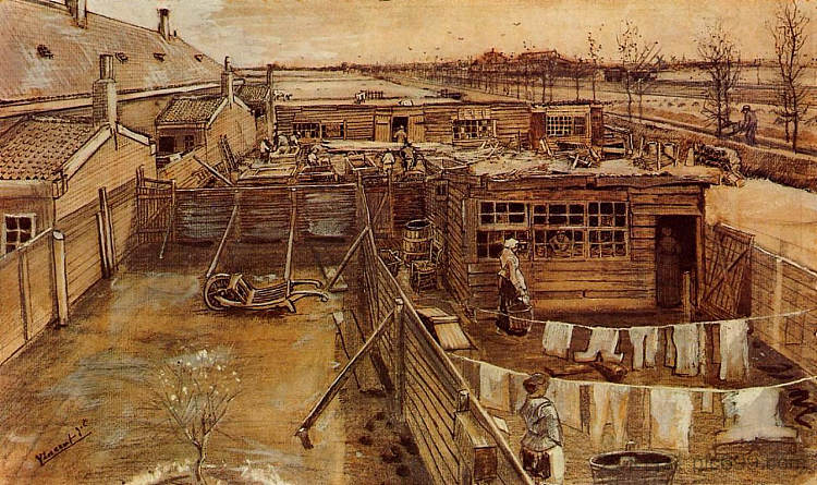 从艺术家的工作室看木匠的工作室 Carpenter`s Workshop Seen from the Artist`s Studio (1882; Haag / Den Haag / La Haye / The Hague,Netherlands  )，文森特·梵高