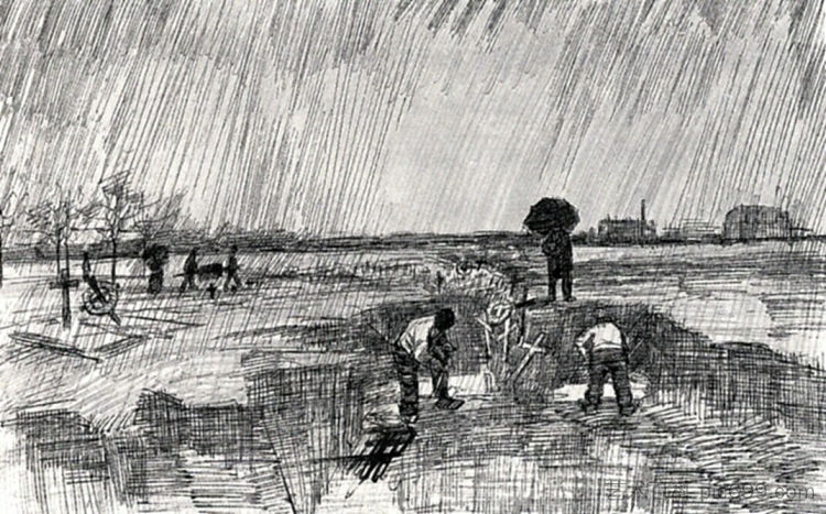 雨中的教堂墓地 Churchyard in the Rain (1883; Nunen / Nuenen,Netherlands  )，文森特·梵高