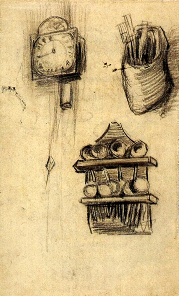 时钟，带餐具的木屐和勺子架 Clock, Clog with Cutlery and a Spoon Rack (1885; Nunen / Nuenen,Netherlands  )，文森特·梵高