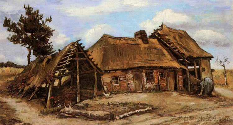 农舍，破旧的谷仓和驼背的女人 Cottage with Decrepit Barn and Stooping Woman (1885; Nunen / Nuenen,Netherlands  )，文森特·梵高