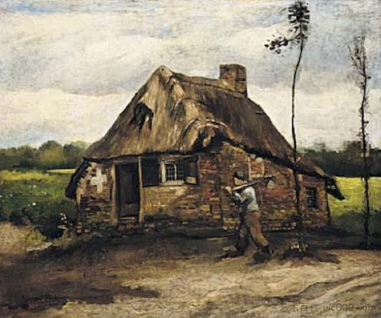 农夫回家的小屋 Cottage with Peasant Coming Home (1885; Nunen / Nuenen,Netherlands  )，文森特·梵高