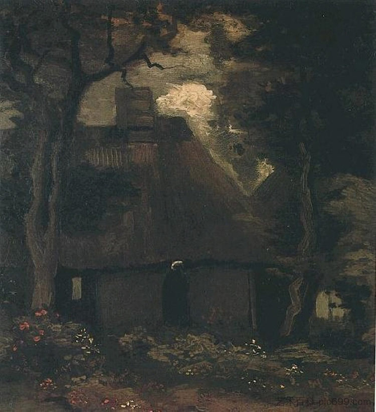 有树的小屋和农妇 Cottage with Trees and Peasant Woman (1885; Nunen / Nuenen,Netherlands  )，文森特·梵高