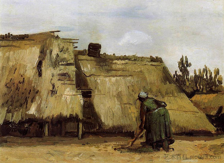 女挖土的小屋 Cottage with Woman Digging (1885; Nunen / Nuenen,Netherlands  )，文森特·梵高