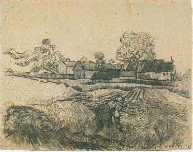 在前台工作的女人的小屋 Cottages with a Woman Working in the Foreground (1890; Auvers-sur-oise,France  )，文森特·梵高