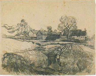 在前台工作的女人的小屋 Cottages with a Woman Working in the Foreground (1890; Auvers-sur-oise,France                     )，文森特·梵高