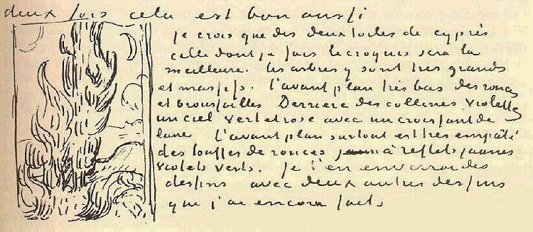 柏树（写给西奥梵高的信上的素描） Cypresses (Sketch on a Letter to Theo Van Gogh) (1889)，文森特·梵高