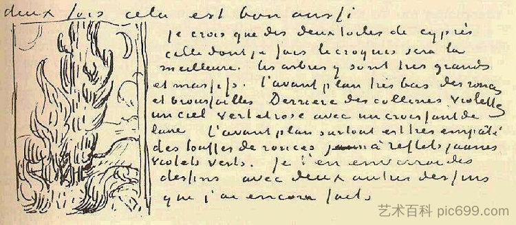 柏树（写给西奥梵高的信上的素描） Cypresses (Sketch on a Letter to Theo Van Gogh) (1889)，文森特·梵高