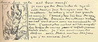 柏树（写给西奥梵高的信上的素描） Cypresses (Sketch on a Letter to Theo Van Gogh) (1889)，文森特·梵高