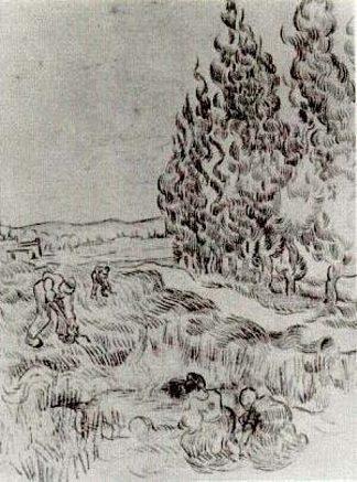 四人在田间工作的柏树 Cypresses with Four People Working in the Field (1890; Saint-rémy-de-provence,France                     )，文森特·梵高