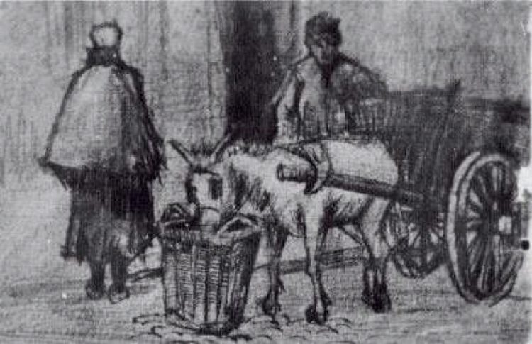 驴车，男孩和斯海弗宁恩女人 Donkey Cart with Boy and Scheveningen Woman (1882; Haag / Den Haag / La Haye / The Hague,Netherlands  )，文森特·梵高