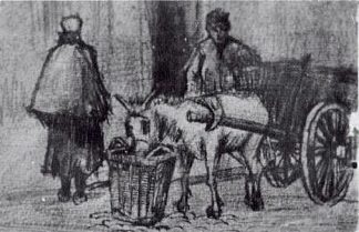 驴车，男孩和斯海弗宁恩女人 Donkey Cart with Boy and Scheveningen Woman (1882; Haag / Den Haag / La Haye / The Hague,Netherlands                     )，文森特·梵高