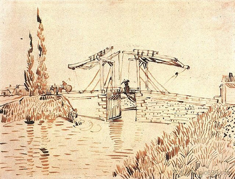 吊桥与女士与阳伞 Drawbridge with Lady with Parasol (1888; Arles,Bouches-du-Rhône,France  )，文森特·梵高