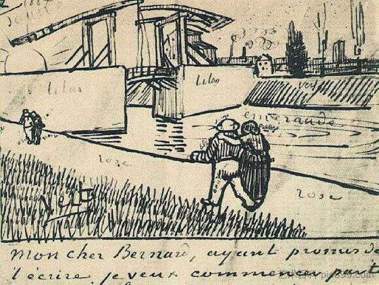 吊桥与步行夫妇 Drawbridge with Walking Couple (1888; Arles,Bouches-du-Rhône,France  )，文森特·梵高