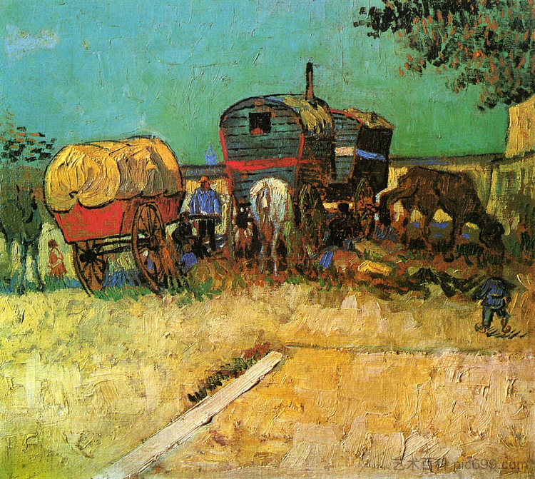 吉普赛人与大篷车的营地 Encampment of Gypsies with Caravans (1888; Arles,Bouches-du-Rhône,France  )，文森特·梵高