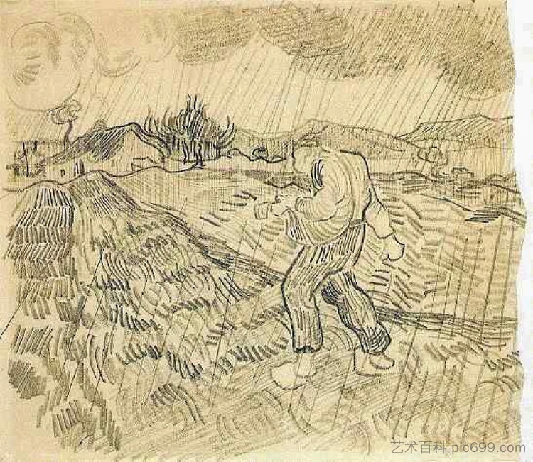 雨中播种机的封闭田地 Enclosed Field with a Sower in the Rain (1889; Saint-rémy-de-provence,France  )，文森特·梵高