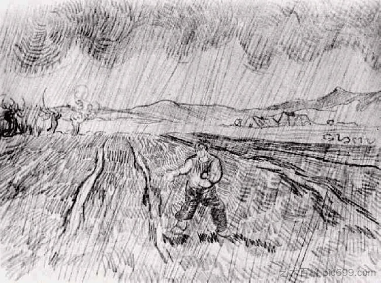 雨中播种机的封闭田地 Enclosed Field with a Sower in the Rain (1889; Saint-rémy-de-provence,France  )，文森特·梵高