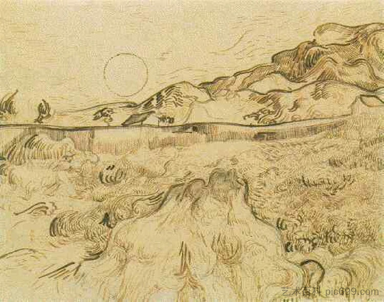 封闭式麦田与收割者 Enclosed Wheat Field with Reaper (1889; Saint-rémy-de-provence,France  )，文森特·梵高