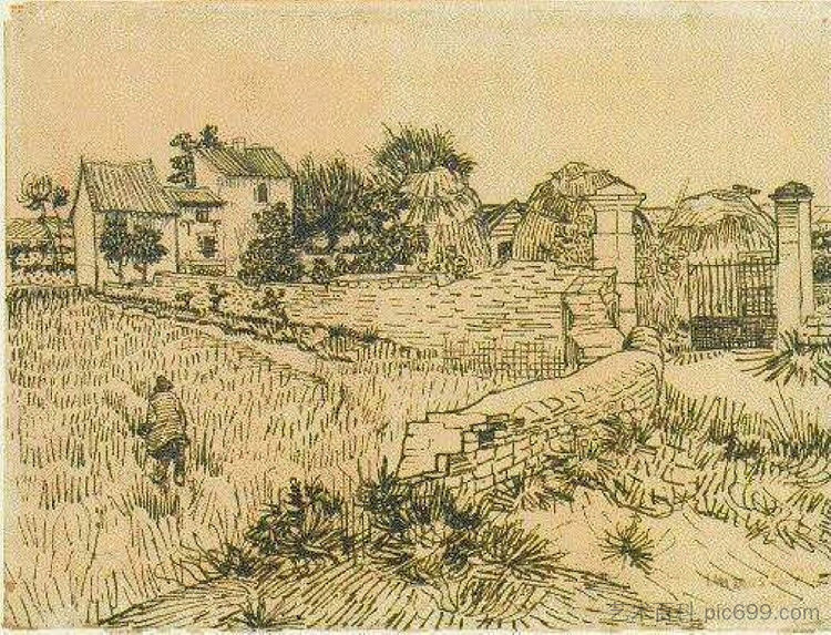 干草堆农场的入口大门 Entrance Gate to a Farm with Haystacks (1888; Arles,Bouches-du-Rhône,France  )，文森特·梵高