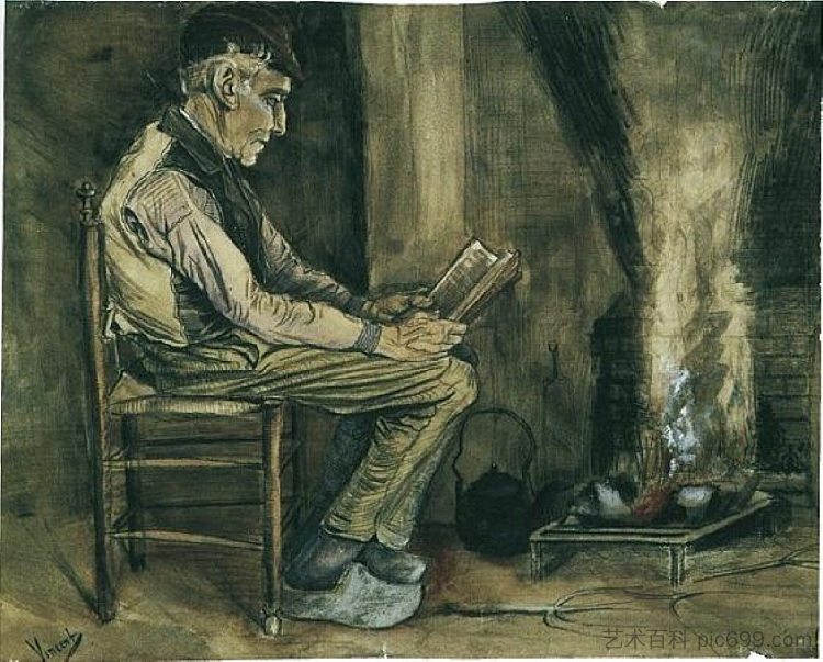 农夫坐在炉边看书 Farmer sitting at the fireside and reading (1881; Netherlands  )，文森特·梵高