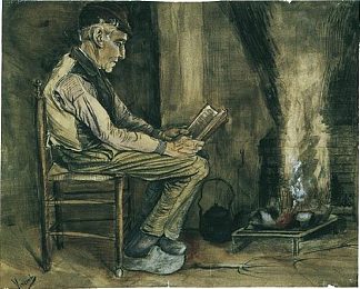 农夫坐在炉边看书 Farmer sitting at the fireside and reading (1881; Netherlands                     )，文森特·梵高