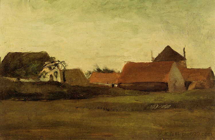 黄昏时分，海牙附近Loosduinen的农舍 Farmhouses in Loosduinen near The Hague at Twilight (1883; Haag / Den Haag / La Haye / The Hague,Netherlands  )，文森特·梵高