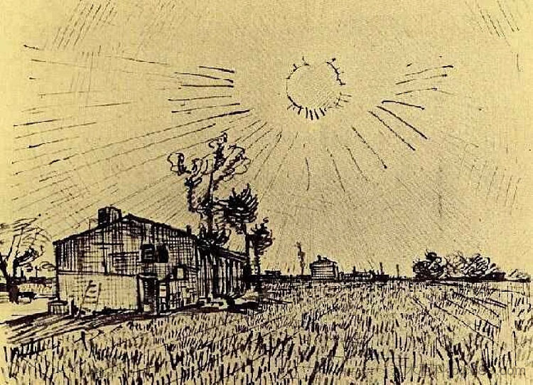 田野与天空下的房屋与太阳盘 Field with Houses under a Sky with Sun Disk (1888; Arles,Bouches-du-Rhône,France  )，文森特·梵高