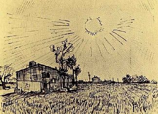 田野与天空下的房屋与太阳盘 Field with Houses under a Sky with Sun Disk (1888; Arles,Bouches-du-Rhône,France                     )，文森特·梵高