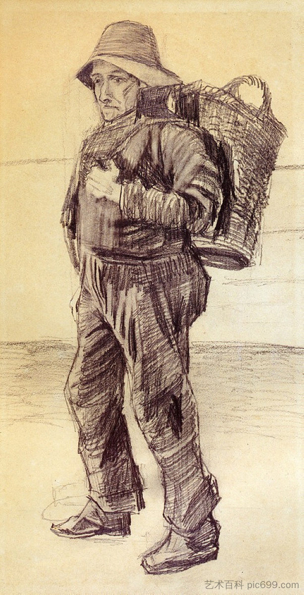 背着篮子的渔夫 Fisherman with Basket on his Back (1882; Haag / Den Haag / La Haye / The Hague,Netherlands  )，文森特·梵高