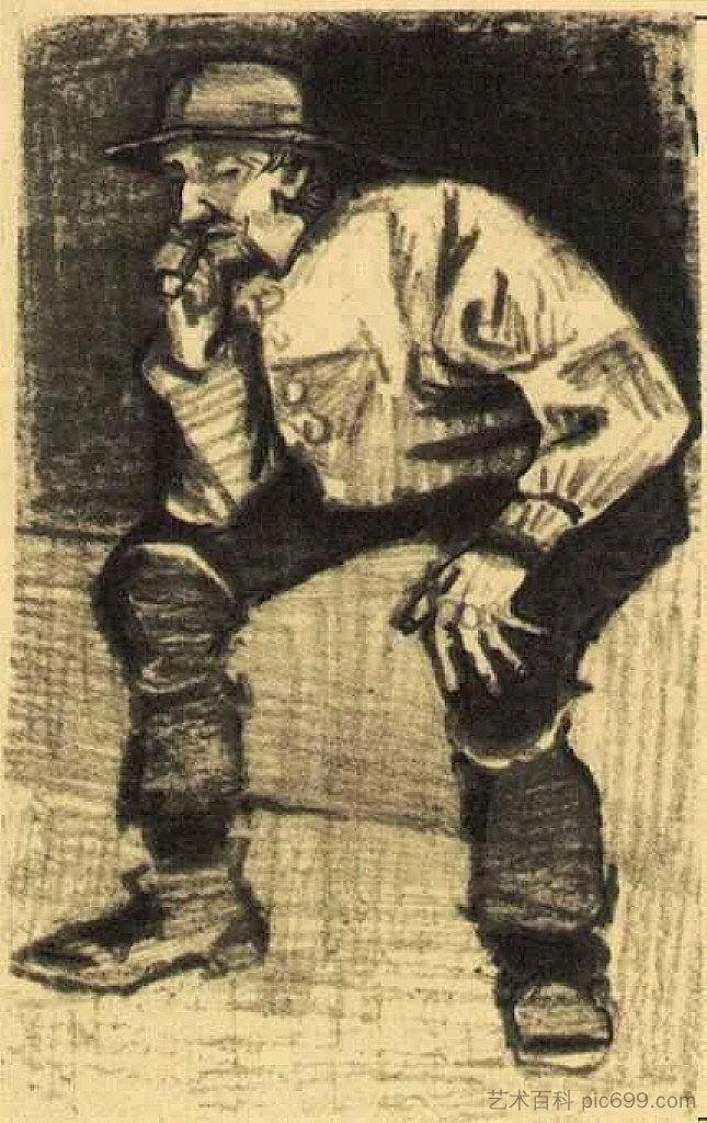 拿着西南的渔夫，拿着烟斗坐着 Fisherman with Sou'wester, Sitting with Pipe (1883; Haag / Den Haag / La Haye / The Hague,Netherlands  )，文森特·梵高