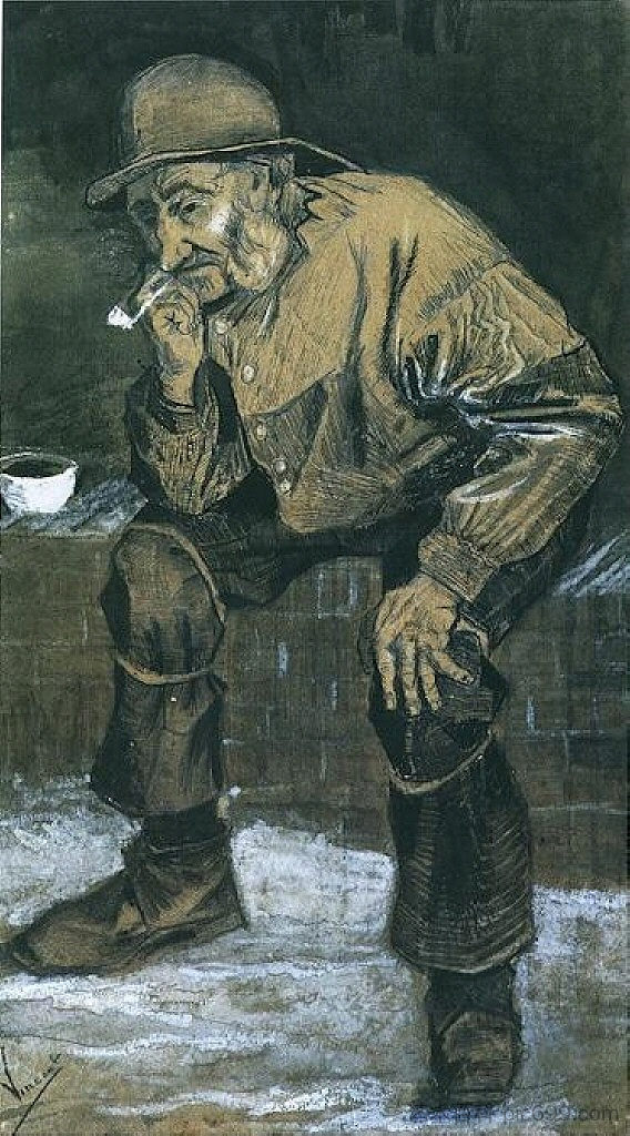 拿着西南的渔夫，拿着烟斗坐着 Fisherman with Sou'wester, Sitting with Pipe (1883; Haag / Den Haag / La Haye / The Hague,Netherlands  )，文森特·梵高