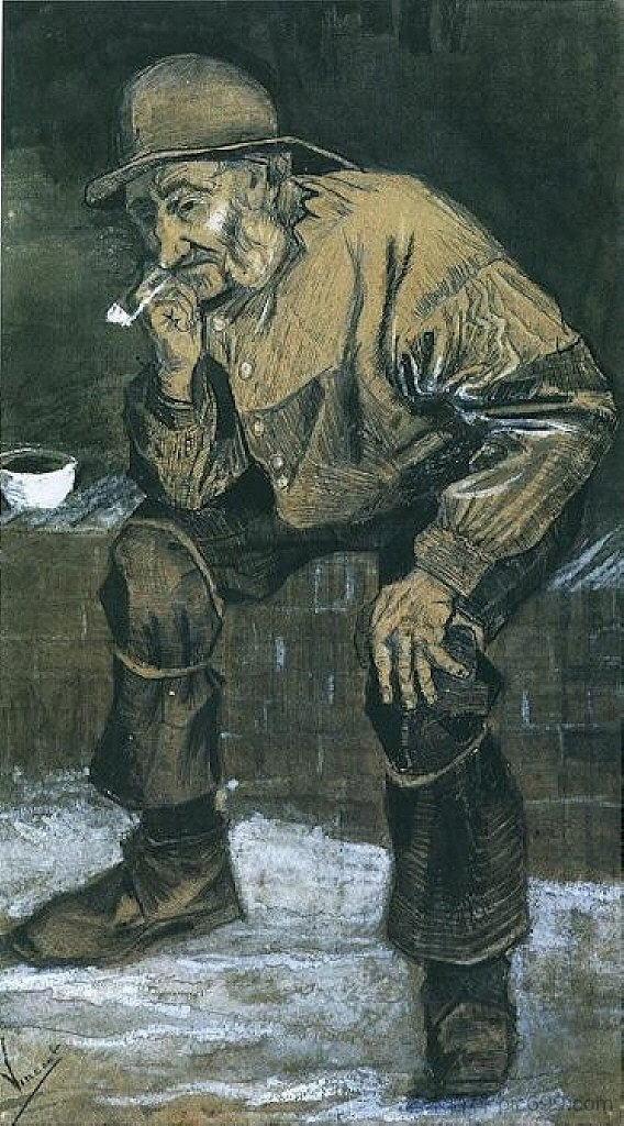 拿着西南的渔夫，拿着烟斗坐着 Fisherman with Sou'wester, Sitting with Pipe (1883; Haag / Den Haag / La Haye / The Hague,Netherlands  )，文森特·梵高