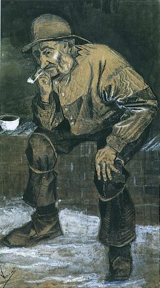 拿着西南的渔夫，拿着烟斗坐着 Fisherman with Sou’wester, Sitting with Pipe (1883; Haag / Den Haag / La Haye / The Hague,Netherlands                     )，文森特·梵高