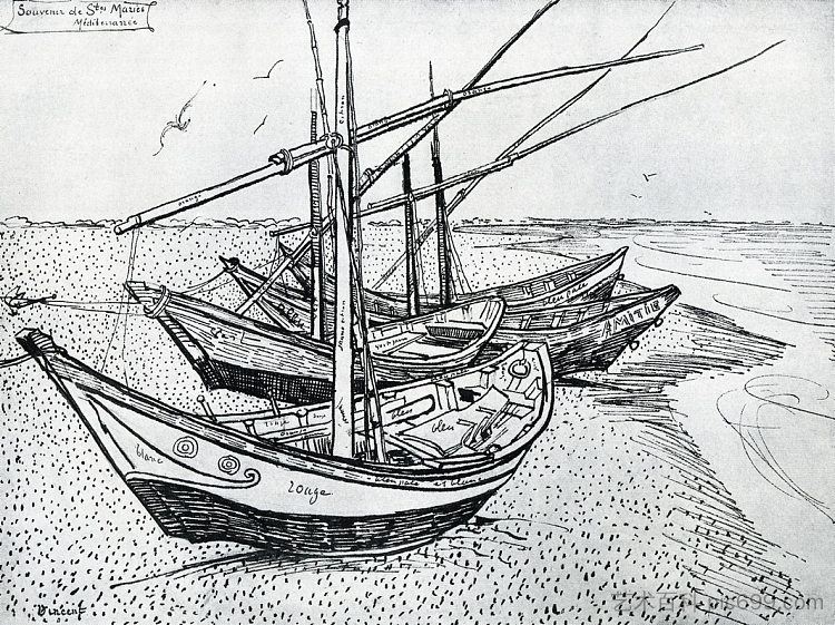 滨海圣玛丽海滩上的渔船 Fishing boats on the Beach at Les Saintes-Maries-de-la-Mer (1888; Saintes-maries-de-la-mer,France  )，文森特·梵高