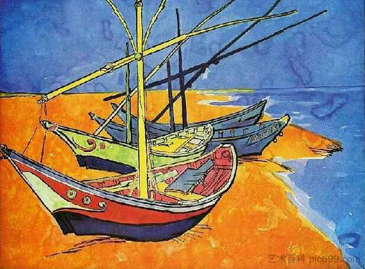 圣玛丽德拉梅尔海滩上的渔船 Fishing Boats on the Beach at Saintes-Maries-de-la-Mer (1888; Saintes-maries-de-la-mer,France  )，文森特·梵高