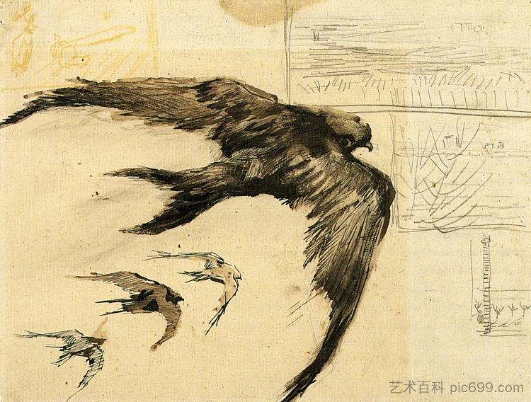 四只雨燕与风景草图 Four Swifts with Landscape Sketches (1887; Paris,France  )，文森特·梵高