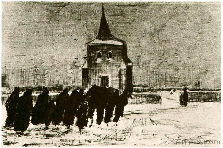 老塔附近的雪地葬礼 Funeral in the Snow near the Old Tower (1883; Nunen / Nuenen,Netherlands  )，文森特·梵高