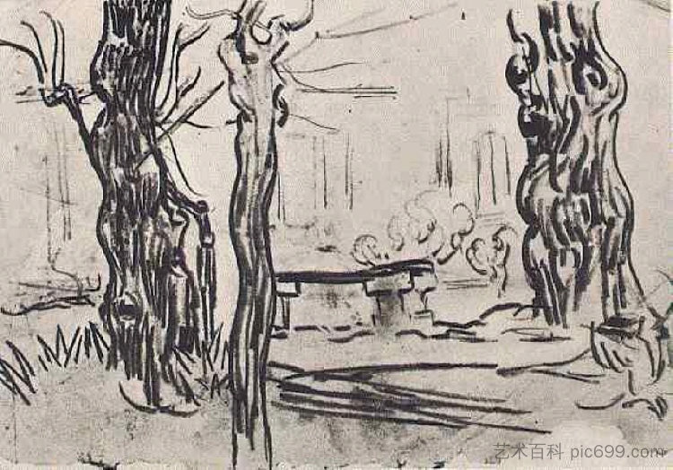 庇护所花园和树干和石凳 Garden of the Asylum and Tree Trunks and a Stone Bench (1889; Saint-rémy-de-provence,France  )，文森特·梵高