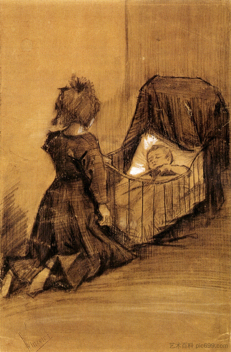 跪在摇篮旁的女孩 Girl Kneeling by a Cradle (1883; Haag / Den Haag / La Haye / The Hague,Netherlands  )，文森特·梵高