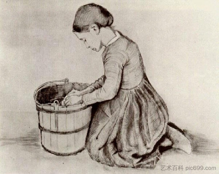 跪在水桶前的女孩 Girl Kneeling in Front of a Bucket (1881; Netherlands  )，文森特·梵高