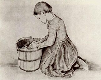 跪在水桶前的女孩 Girl Kneeling in Front of a Bucket (1881; Netherlands                     )，文森特·梵高