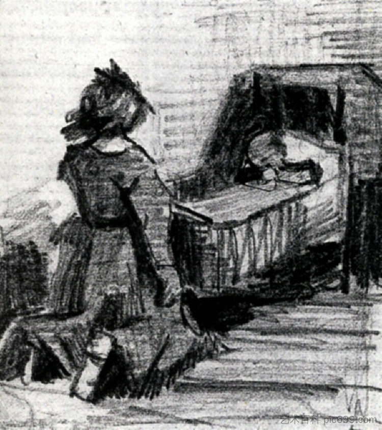 跪在摇篮前的女孩 Girl Kneeling in Front of a Cradle (1883; Haag / Den Haag / La Haye / The Hague,Netherlands  )，文森特·梵高