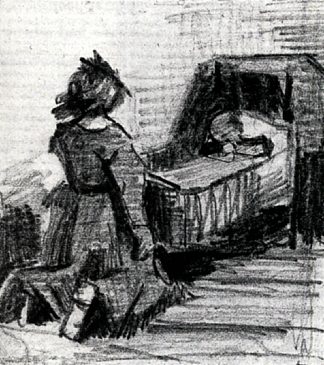 跪在摇篮前的女孩 Girl Kneeling in Front of a Cradle (1883; Haag / Den Haag / La Haye / The Hague,Netherlands                     )，文森特·梵高