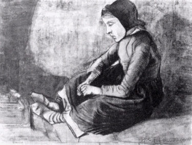 戴黑帽子的女孩坐在地上 Girl with Black Cap Sitting on the Ground (1881; Netherlands  )，文森特·梵高