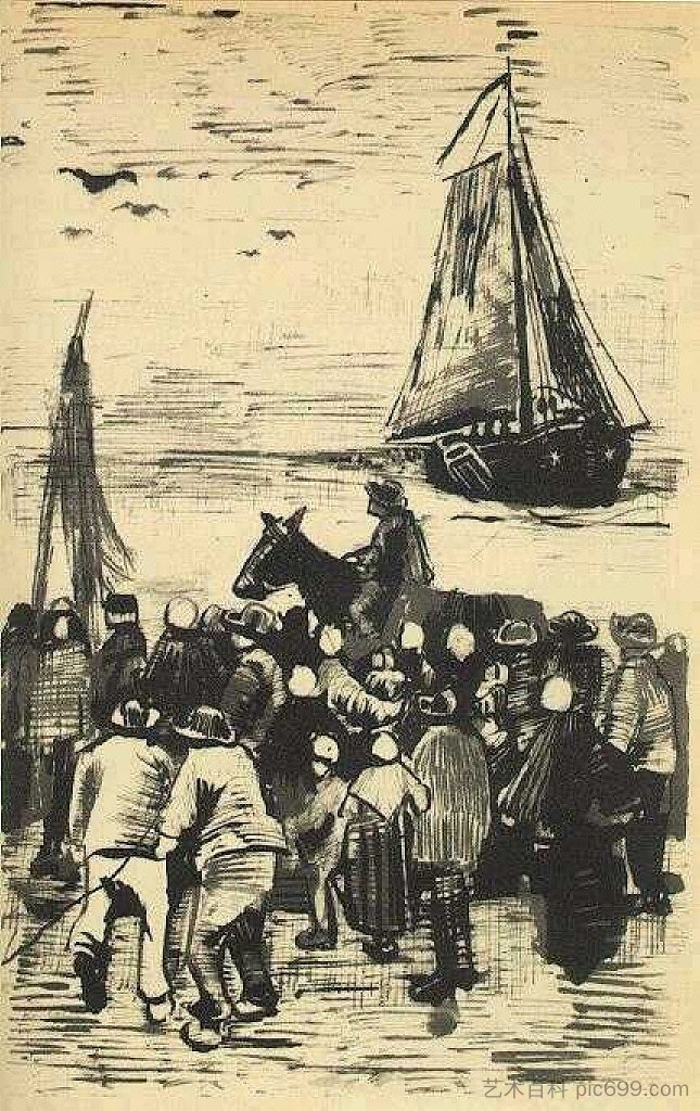 一群人在海滩上，渔船抵达 Group of People on the Beach with Fishing Boat Arriving (1882; Haag / Den Haag / La Haye / The Hague,Netherlands  )，文森特·梵高