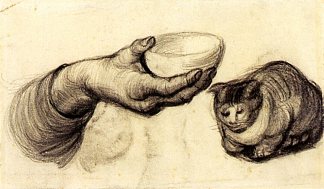 一只手拿着碗和一只猫 Hand with Bowl and a Cat (1885; Nunen / Nuenen,Netherlands                     )，文森特·梵高