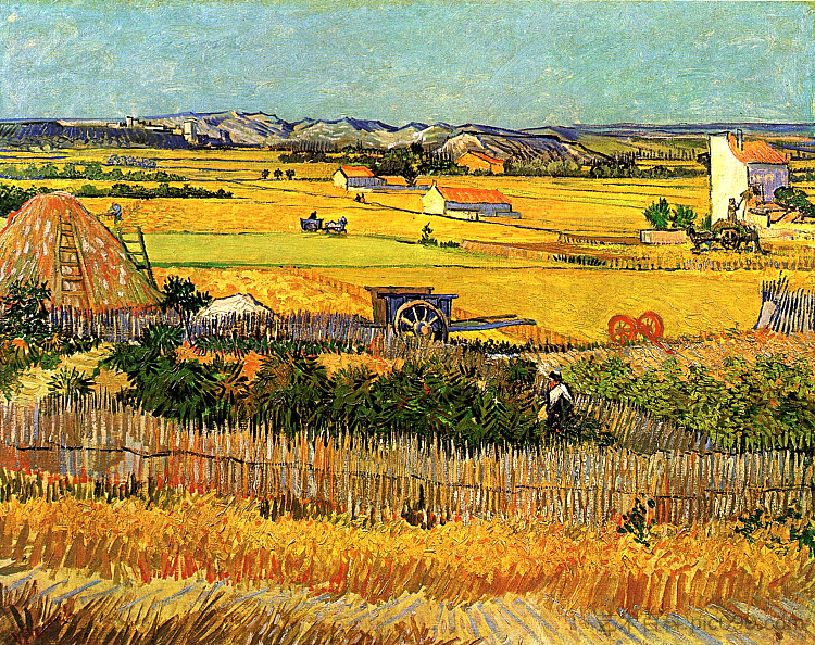 拉克劳的收获,背景是蒙马儒 Harvest at La Crau, with Montmajour in the Background (1888; Arles,Bouches-du-Rhône,France ),文森特·梵高