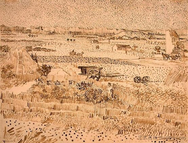 收获景观 Harvest Landscape (1888; Arles,Bouches-du-Rhône,France  )，文森特·梵高