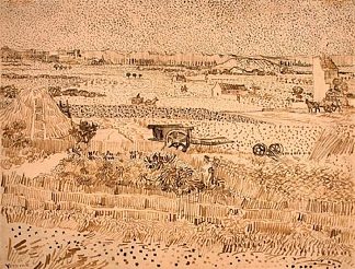 收获景观 Harvest Landscape (1888; Arles,Bouches-du-Rhône,France                     )，文森特·梵高